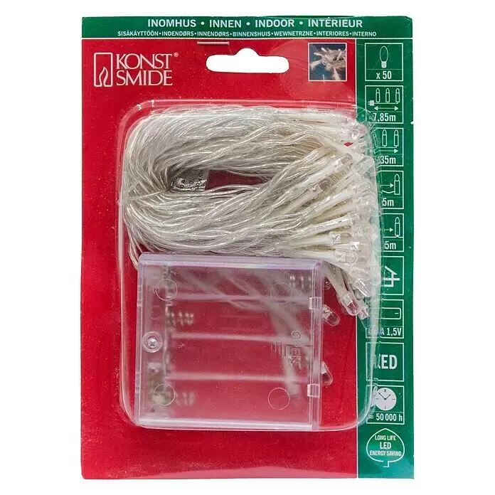 Konstsmide LED-Lichterkette Lichterkette - Innen, Lichtfarbe: Warmweiß, Anzahl Leuchtmittel: 50 Stk., Batteriebetrieben - Batteriebetriebene Konst Smide LED-Lichterkette für den Innenbereich. 50 klare Birnen an 7,85m Kabel mit transparentem Batteriefach.