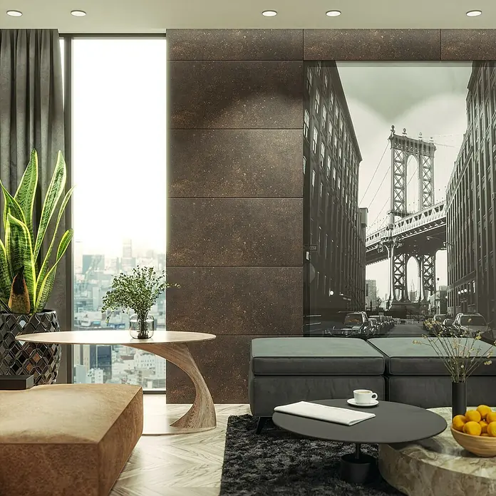 Nmc Decoflair Wandpaneel - Iron, 100 x 50 cm, Kunststoff - Elegantes Wohnzimmer mit modernem Tisch und dekorativer Pflanze vor dem Fenster. Stilvolle Einrichtung für ein gemütliches Zuhause.