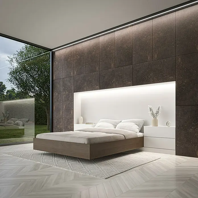 Nmc Decoflair Wandpaneel - Iron, 100 x 50 cm, Kunststoff - Modernes Schlafzimmer mit einem schwebenden Bett, Nachttischen und indirekter Beleuchtung für eine elegante Atmosphäre.