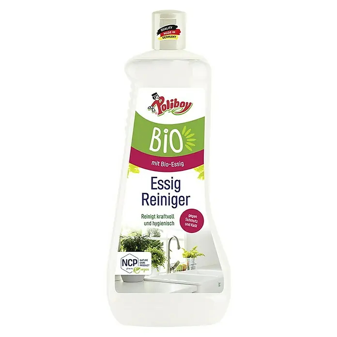 Poliboy Bio Essig-Reiniger - 1 ml, Flasche - Abbildung einer Flasche Poliboy Bio Essig Reiniger, ein veganes Naturprodukt, das kraftvoll reinigt und Kalk und Schmutz entfernt.
