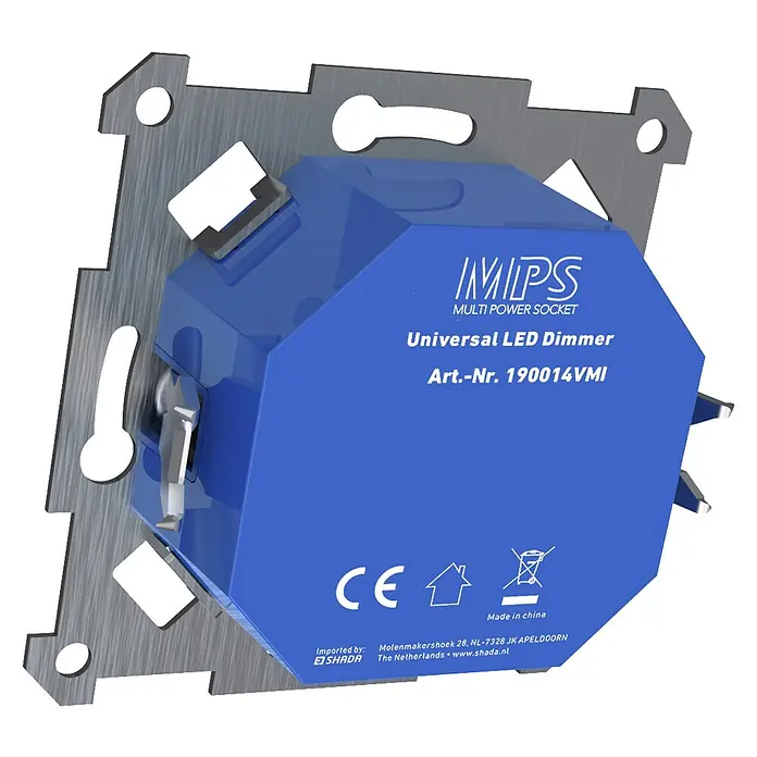 Dimmer-Einsatz - Passend für: Glüh-/Halogen-/LED-Lampen 3-225 W - Nahaufnahme eines blauen Universal LED-Dimmers von IMPS mit silberner Montageplatte.