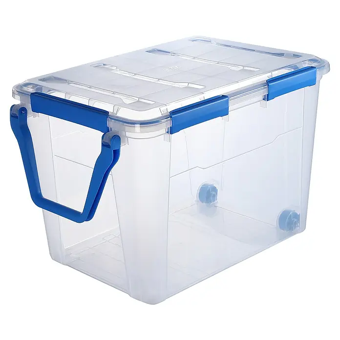 Aufbewahrungsbox Wasserdicht - L x B x H: 66,6 x 46,9 x 45,9 cm, Kunststoff, Transparent - Klares Aufbewahrungsbox mit blauem Griff und Deckel, ideal für die Organisation von Gegenständen im Haushalt.