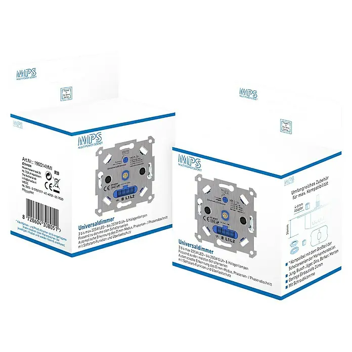 Dimmer-Einsatz - Passend für: Glüh-/Halogen-/LED-Lampen 3-225 W - Das Bild zeigt die Verpackung eines MIPS Universaldimmers, ein vielseitiges Gerät für verschiedene Lampenarten, mit umfangreichem Zubehör für maximale Kompatibilität.