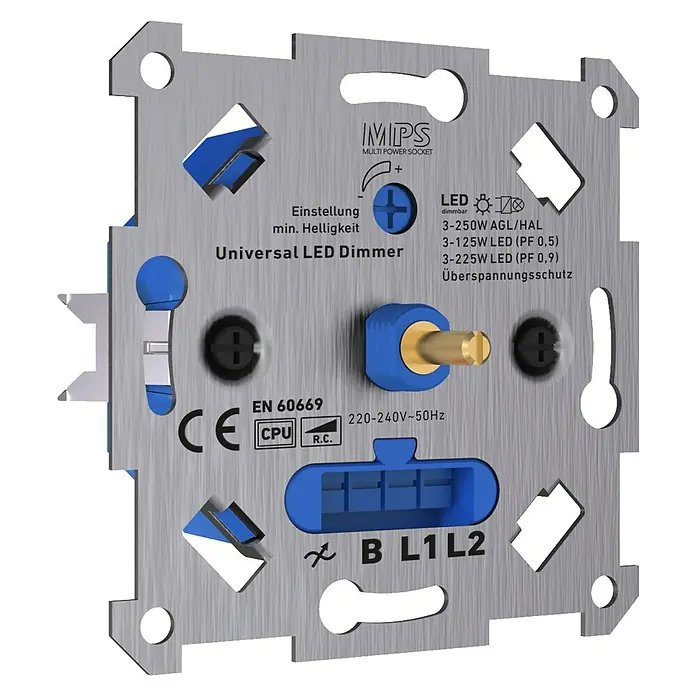 Dimmer-Einsatz - Passend für: Glüh-/Halogen-/LED-Lampen 3-225 W - Nahaufnahme eines Universal LED Dimmers mit blauen Bedienelementen und detaillierten technischen Spezifikationen.