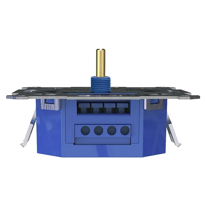 Dimmer-Einsatz - Passend für: Glüh-/Halogen-/LED-Lampen 3-225 W - Nahaufnahme eines blauen Dimmerschalters mit Drehknopf und Anschlussklemmen.