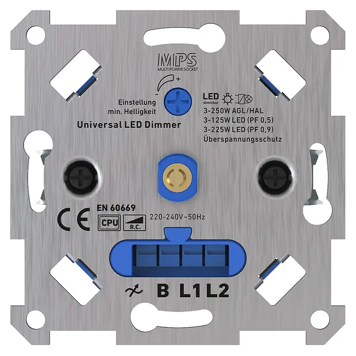 Dimmer-Einsatz - Passend für: Glüh-/Halogen-/LED-Lampen 3-225 W - Nahaufnahme eines Universal-LED-Dimmers von IMIPS, der für verschiedene LED-Leistungen und Spannungen geeignet ist.
