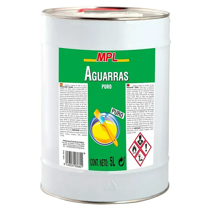 MPL Disolvente líquido Aguarrás puro - 5 l - Recipiente de disolvente MPL Aguarras PURE. Ideal para diluir pinturas y limpiar pinceles. Contiene 5L.
