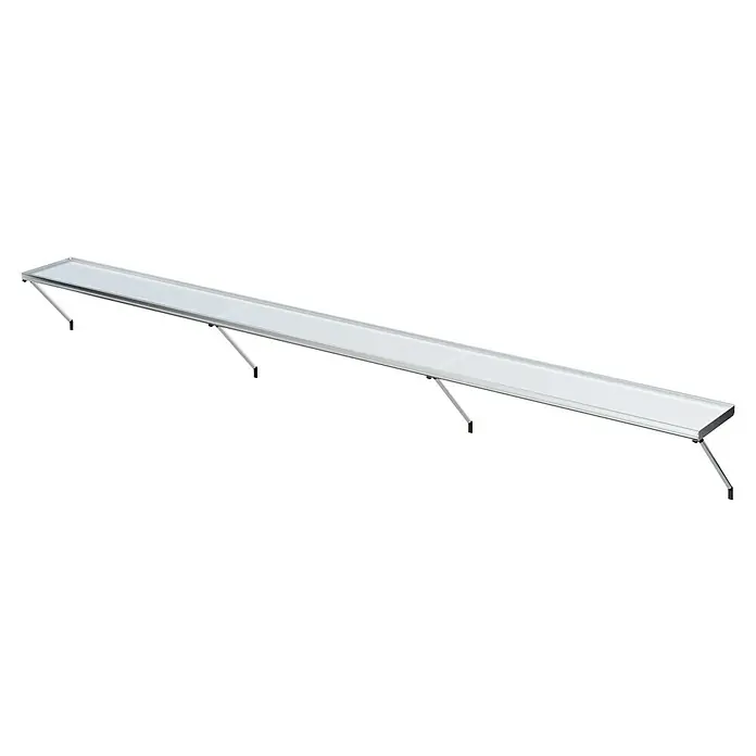 KGT Gewächshaus-Regal - 300 x 26 x 130 cm, Silber - Das Bild zeigt eine lange, silberne Tischplatte mit ausklappbaren Beinen, die sich ideal für den mobilen Einsatz eignet. Perfekt für Camping oder Flohmärkte.