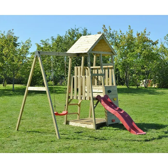 Wendi Toys Kinderspielturm Panda - Natur/Rot - Holzspielturm mit Schaukel und Rutsche im Garten für Kinder zum Spielen und Spaß haben.