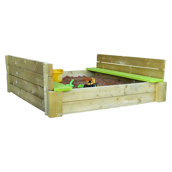 Wendi Toys Sandkasten Deluxe - 120 x 120 x 25 cm, Holz, Natur/Grün - Sandkasten aus Holz mit Spielzeug. Der Sandkasten ist mit einem Deckel versehen, der als Sitzbank genutzt werden kann.