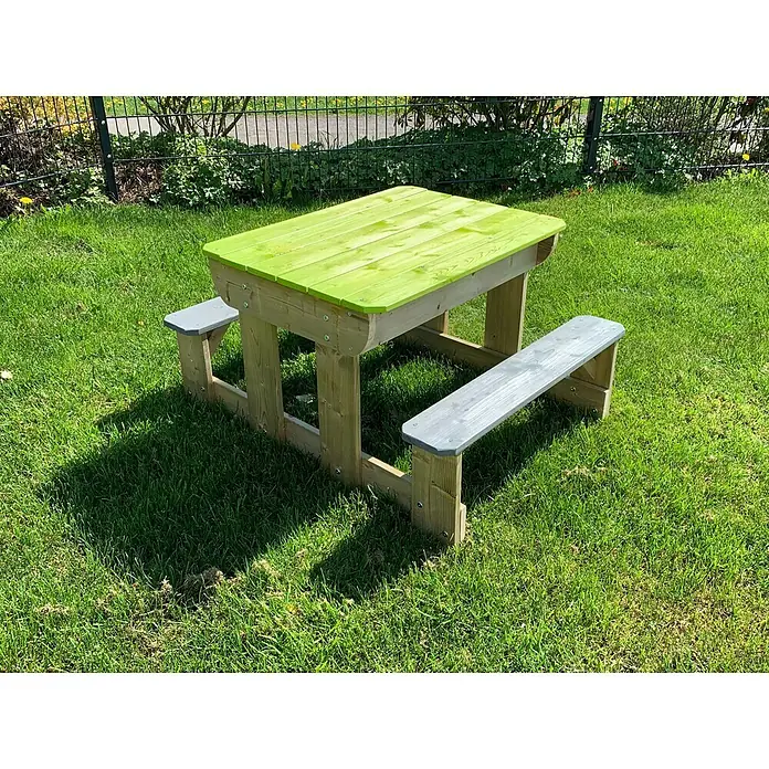 Wendi Toys Kinder-Picknicktisch - L x B x H: 80 x 100 x 53 cm, Holz - Grün-graue Kindersitzgruppe mit Picknicktisch auf Rasen für Spiel und Spaß im Freien. Ideal für Garten, Terrasse oder Balkon.