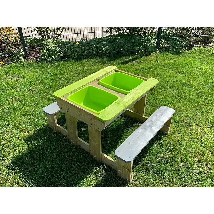 Wendi Toys Kinder-Picknicktisch - L x B x H: 80 x 100 x 53 cm, Holz - Hölzerner Picknicktisch für Kinder mit zwei grünen Behältern, ideal für Spiele im Freien, im Garten auf dem Rasen.
