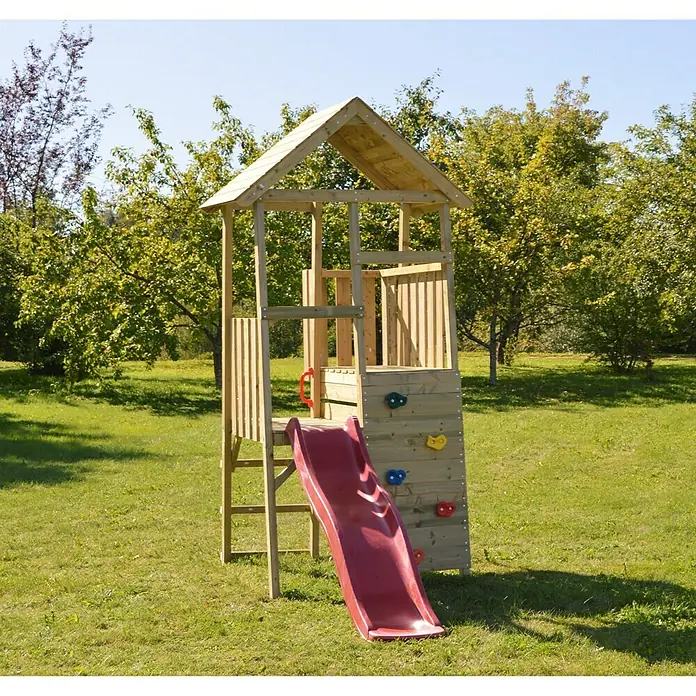 Wendi Toys Kinderspielturm Hase - Natur/Rot - Holzspielturm mit Rutsche und Kletterwand für den Garten. Das Spielgerät bietet Spaß und fördert die Bewegung im Freien.
