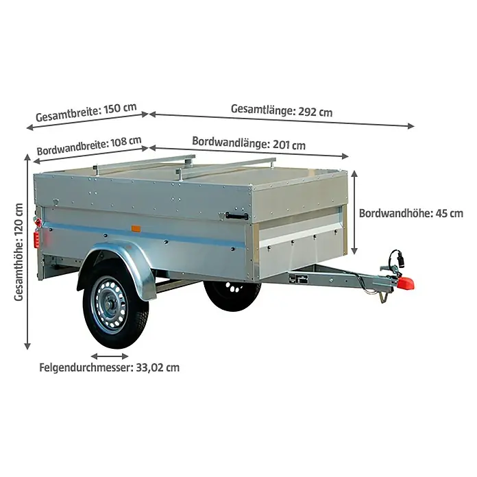 Stema Anhänger BASIC 750 mit Metalldeckel - Nutzlast: 575 kg, Einachser, Kasteninnenmaß: 201 x 108 x 47 cm, Ungebremst - Bild eines Pkw-Anhängers mit Maßangaben zu Breite, Länge und Höhe.