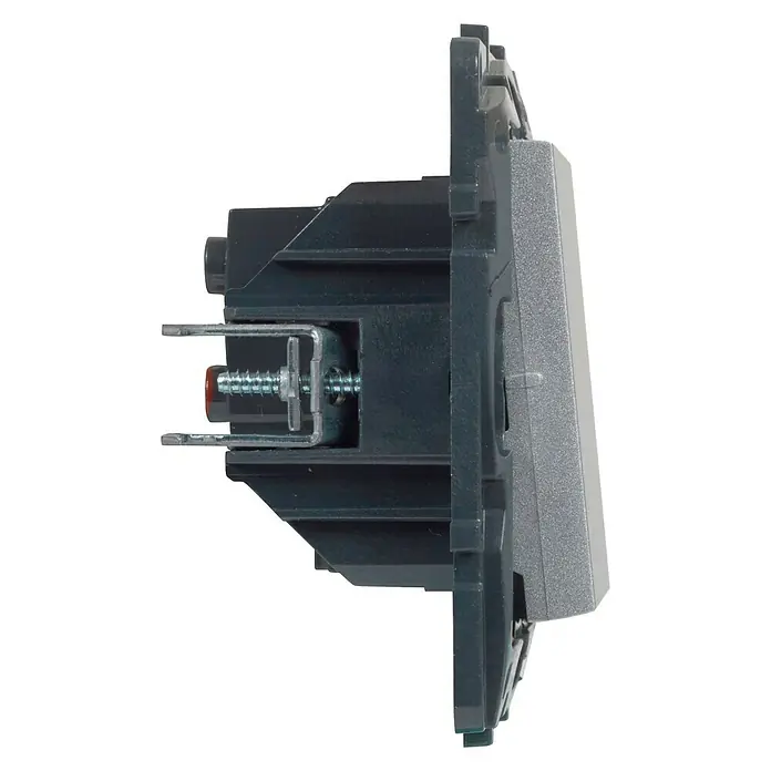 Legrand Niloé Step Cruzamiento - Aluminio, Instalar, IP44 - Vista lateral de un interruptor de luz gris con soportes de montaje. Ideal para interiores modernos y fácil instalación.
