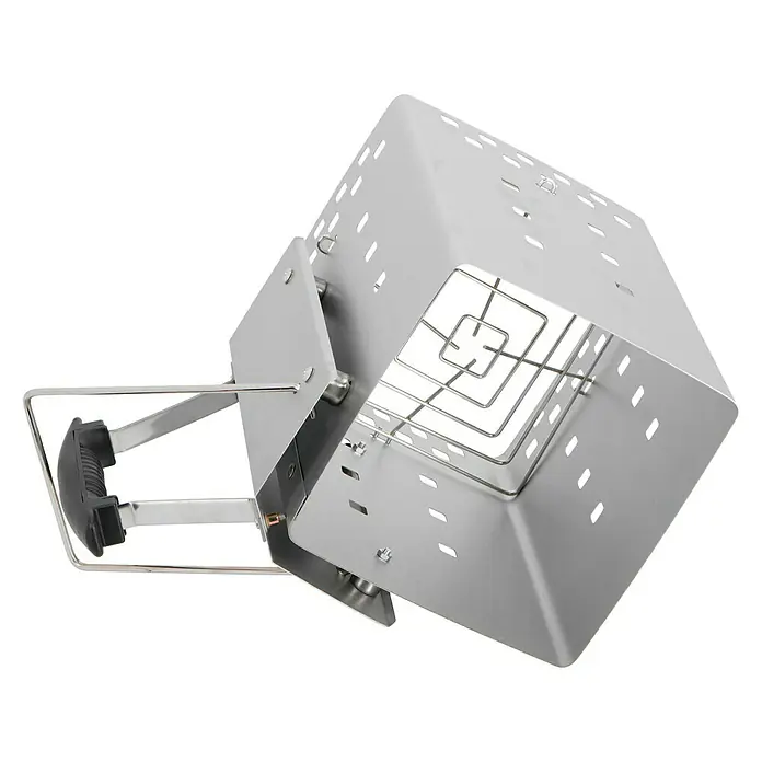 Kingstone Anzündkamin - L x B x H: 19 x 19 x 30 cm - Nahaufnahme eines tragbaren Edelstahl-Holzkohlegrills mit Griff und perforiertem Gehäuse.