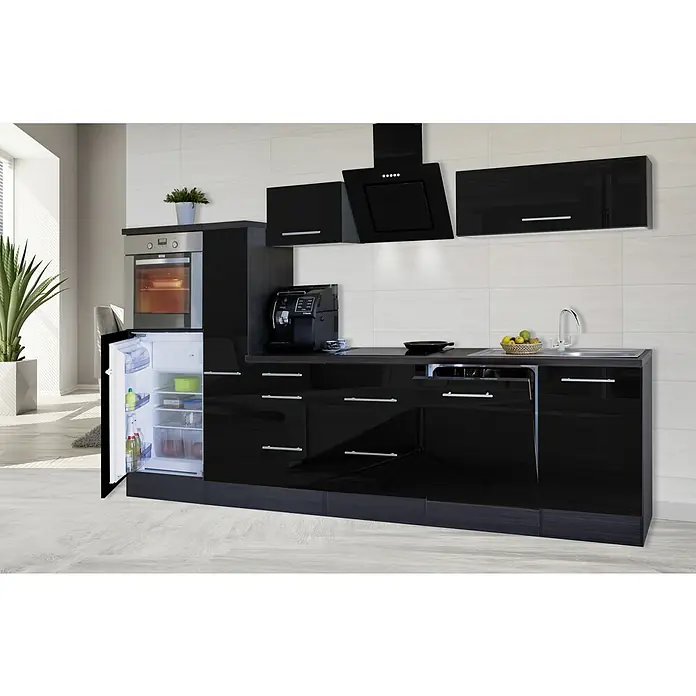 Respekta Premium Küchenzeile RP310HESBO - Breite: 310 cm, Schwarz, Mit Elektrogeräten - Moderne, schwarze Küche mit Hochglanzfronten, bestehend aus Unter- und Oberschränken, Kühlschrank, Spüle und Dunstabzugshaube.