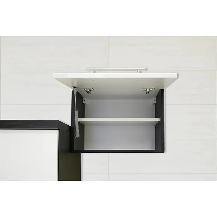 Respekta Premium Küchenzeile RP310EGCBO - Breite: 310 cm, Grau, Mit Elektrogeräten - Offener Hängeschrank mit weißer Tür und Regal, befestigt an einer weißen Wand. Der Schrank bietet Stauraum und ist modern gestaltet.