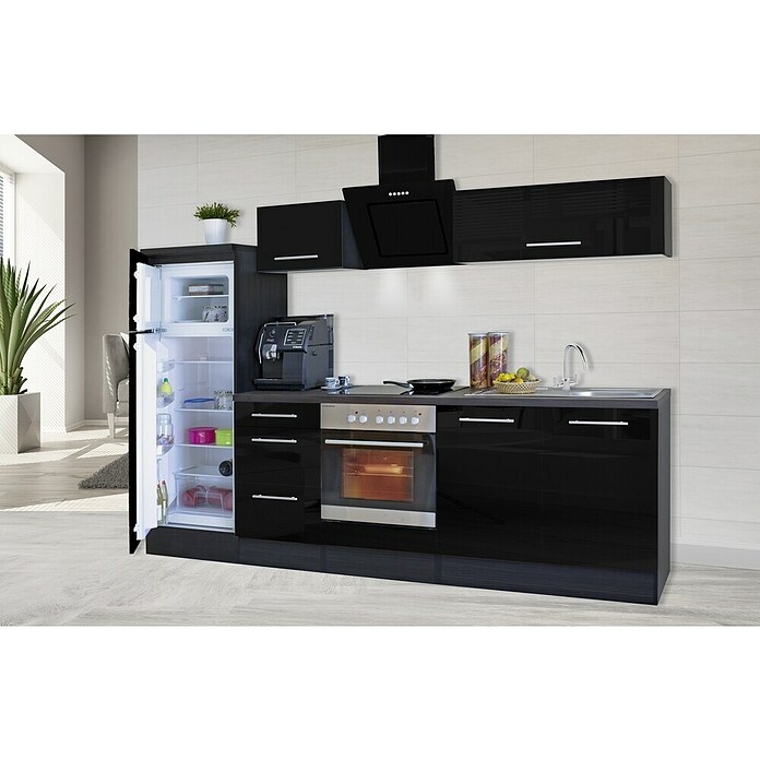 Respekta Premium Composición de cocina (Ancho: 270 cm, Con dispositivos eléctricos, Negro de alto brillo)