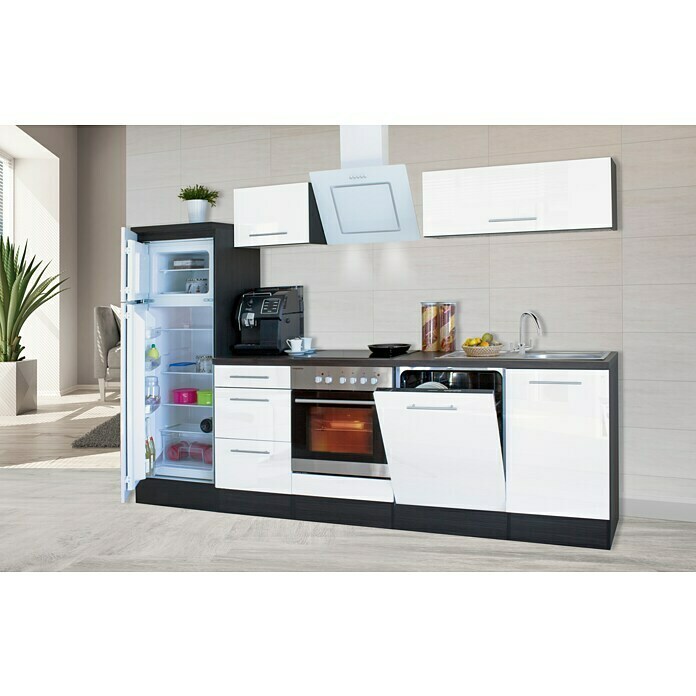 Respekta Premium Composición de cocina (Ancho: 280 cm, Con dispositivos eléctricos, Blanco de alto brillo)
