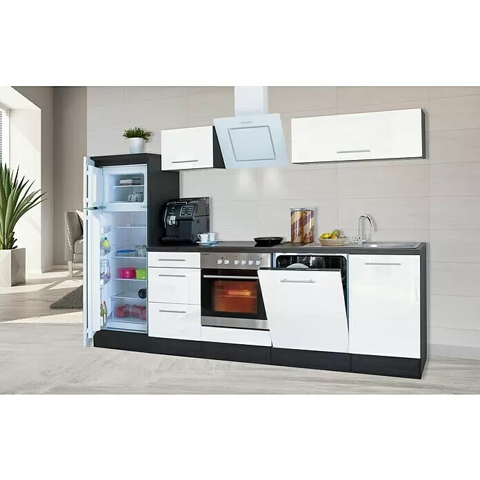 Respekta Premium Composición de cocina Amanda Alto - Ancho: 280 cm, Roble/Blanco, Con electrodomésticos - Cocina compacta con frentes blancos brillantes, detalles oscuros, nevera, horno y lavavajillas abiertos, cafetera, placa de cocción y fregadero.