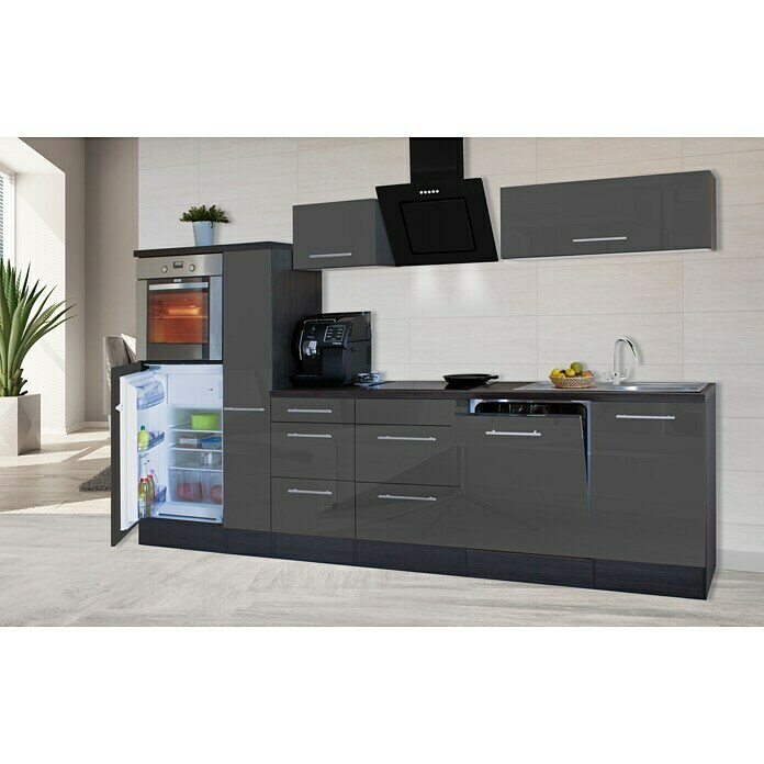 Respekta Premium Composición de cocina (Ancho: 310 cm, Con dispositivos eléctricos, Gris de alto brillo)