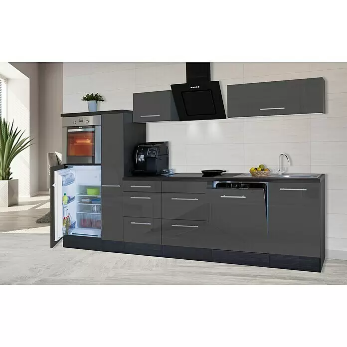 Respekta Premium Composición de cocina Amanda - Ancho: 310 cm, Roble/Gris, Con electrodomésticos - Cocina moderna gris oscuro brillante con horno integrado, nevera abierta, lavavajillas y cafetera.