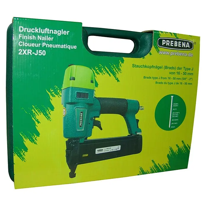 Prebena Druckluftnagler 2XR-J50 - Betriebsdruck: 4 bar - 7 bar, Passend für: Prebena Stauchkopfnägel der Type J von 16 - 50 mm - Abbildung eines Prebena 2XR-J50 Druckluftnaglers in einer grünen Aufbewahrungsbox.