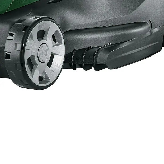 Bosch Power for All 36V Akku-Rasenmäher AdvancedlRotak 36V-40-650 - 36 V, 1 Akku, 4 Ah, Schnittbreite: 40 cm - Detailansicht eines Rasenmähers der Marke Bosch mit Fokus auf Rad und Gehäuse. Das Gerät präsentiert sich in Grau- und Grüntönen.