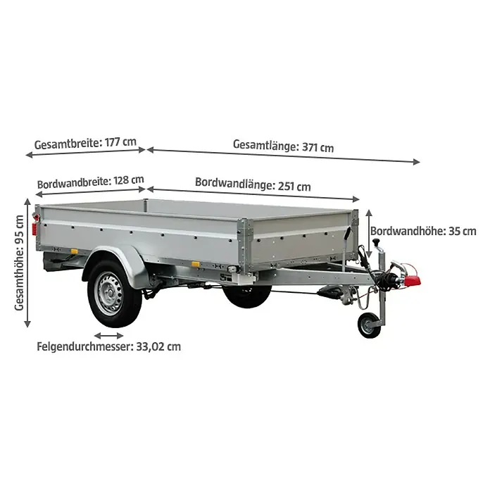 Stema Anhänger BASIC ST 1000-25-13.1 - Nutzlast: 740 kg, Einachser, Kasteninnenmaß: 251 x 128 x 35 cm, Gebremst - Abbildung eines Anhängers mit Maßangaben zu Gesamtlänge, -breite, -höhe sowie Bordwandmaßen und Felgendurchmesser.