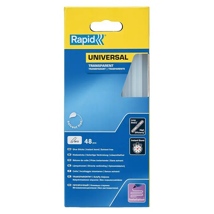 Rapid Klebepatronen Universal - Durchmesser Klebepatrone: 12 mm, Länge Klebepatronen: 190 mm, Anzahl Klebepatronen: 48 Stk. - Packung Rapid Universal Klebesticks, transparent, 48 Stück, lösungsmittelfrei, für sofortige und starke Verbindungen beim Basteln und Reparieren.