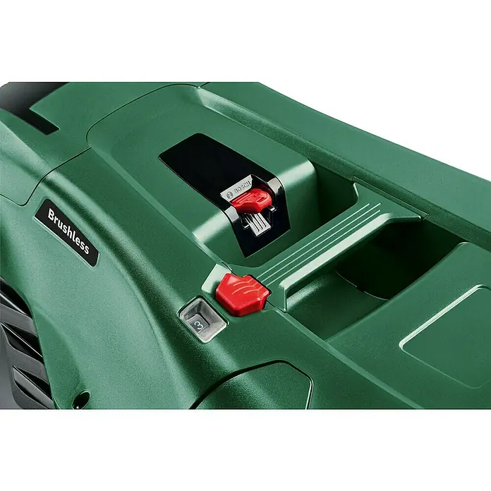 Bosch Power for All 36V Akku-Rasenmäher AdvancedlRotak 36V-40-650 - 36 V, 1 Akku, 4 Ah, Schnittbreite: 40 cm - Nahaufnahme eines Bosch-Rasenmähroboters mit den Details "Brushless" und Bedienelementen.