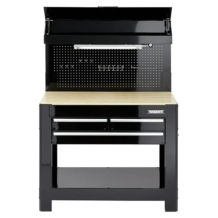 Wisent Banco de trabajo - L x An: 114 x 61 cm, Altura de trabajo: 160 cm, Carga soportada: 140 kg, Negro - El banco de trabajo negro WISENT con cajones y panel perforado ofrece amplio espacio de almacenamiento y una superficie práctica.