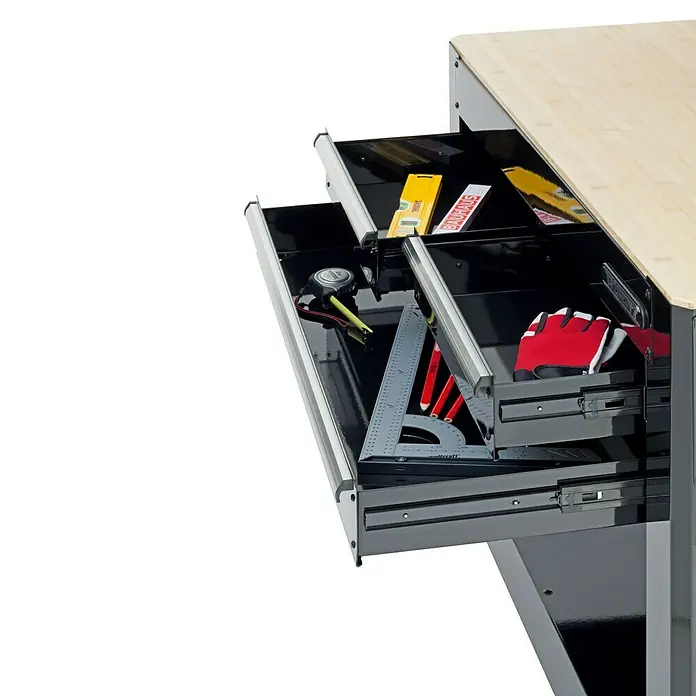 Wisent Banco de trabajo - L x An: 114 x 61 cm, Altura de trabajo: 160 cm, Carga soportada: 140 kg, Negro - Cajones de banco de trabajo abiertos con herramientas. Los cajones están equipados con herramientas, como llaves inglesas e instrumentos de medición.