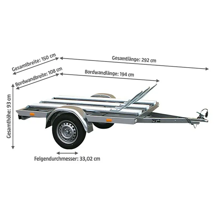 Stema Motorradanhänger MT 750 BS3 - Nutzlast: 583 kg, Einachser, Geeignet für: Bis zu 3 Motorräder, Ungebremst - Abbildung eines Motorradanhängers mit Maßangaben. Der Anhänger ist silberfarben und hat ein Rad.