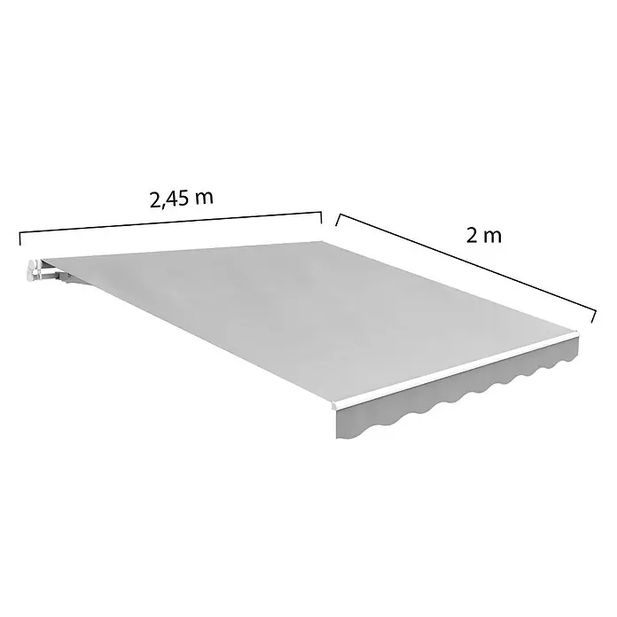 SmartSun Toldo de brazos extensibles Easy Lite - Gris piedra, Ancho: 2,5 m, Caída: 2 m - Imagen de un toldo gris con dimensiones de ancho y largo. Ideal para la protección solar en balcones o terrazas.