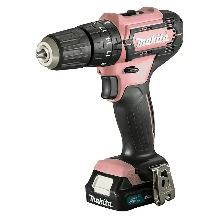 Makita Akku-Schlagbohrschrauber HP333DSAP1 - 12 V, 1 Akku, 2 Ah - Ein pink-schwarzer Makita Akku-Bohrschrauber mit silbernem Bohrfutter und Gürtelclip, 12V max 2.0Ah Akku.