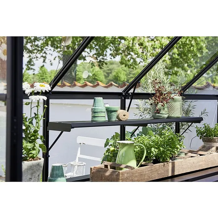Halls Gewächshaus-Regal - 132,4 x 18,2 x 3,5 cm, Passend für: Juliana Gewächshaus Qube - Aufnahme eines Gewächshauses mit Pflanzen und Accessoires auf Regalen, die eine ruhige Gartenszene zeigen.