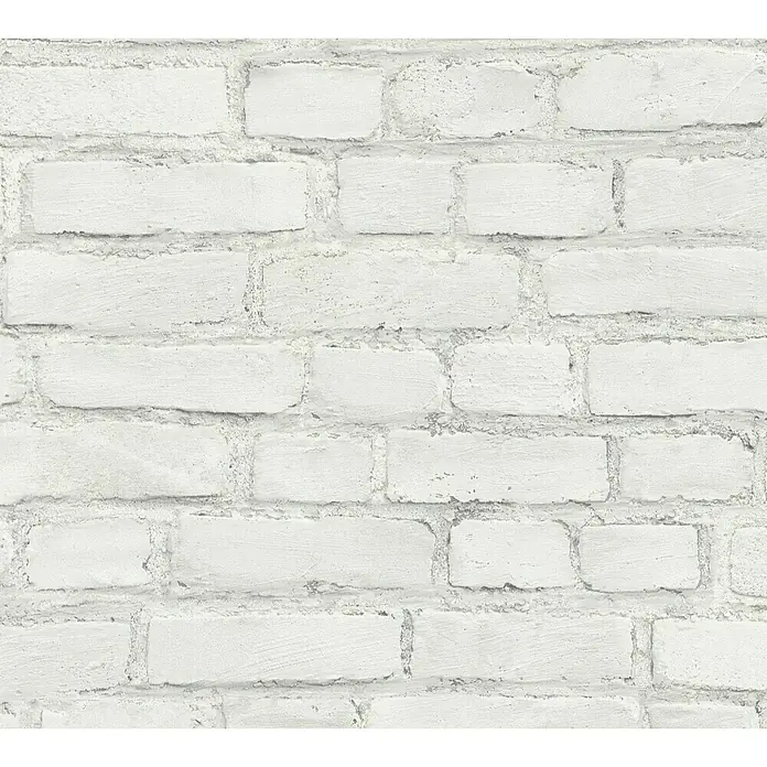 A.S. Création Neue Bude 2.0 ED II Vliestapete Steine - Weiß, Steinoptik, 10,05 x 0,53 m - Nahaufnahme einer weißen Ziegelwand, die eine rustikale und moderne Textur für vielseitige Designanwendungen bietet.