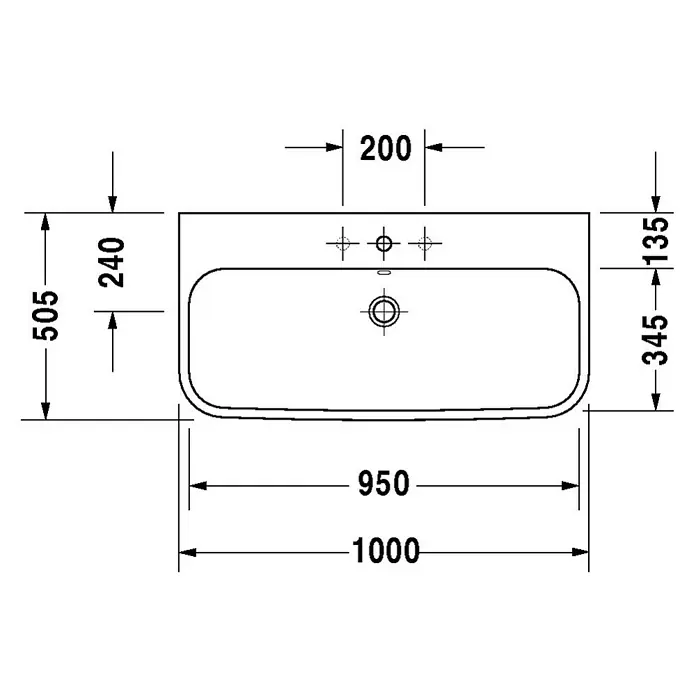 Duravit Happy D.2 Waschtisch Typ 1 - 100 x 50,5 cm, Ohne Spezialglasur, Hahnloch: Mitte, Mit Überlauf, Weiß - Technische Zeichnung eines Waschbeckens mit Maßangaben für Installation und Design.