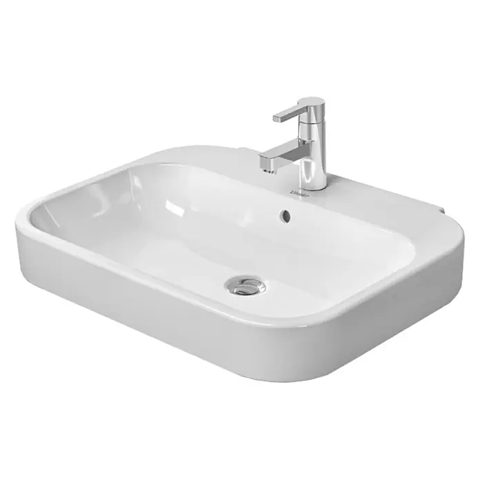 Duravit Happy D.2 Waschtisch Typ 3 - 65 x 49,5 cm, Ohne Spezialglasur, Mit Hahnloch, Mit Überlauf, Weiß - Das Bild zeigt ein modernes, weißes Waschbecken mit einer eleganten Armatur. Das Design ist schlicht und funktional.