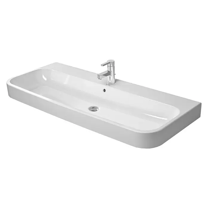 Duravit Happy D.2 Waschtisch Typ 2 - 120 x 50,5 cm, Ohne Spezialglasur, Mit Hahnloch, Mit Überlauf, Weiß - Weißes Aufsatzwaschbecken mit Armatur. Das rechteckige Waschbecken hat eine glatte, moderne Form und ein minimalistisches Design.
