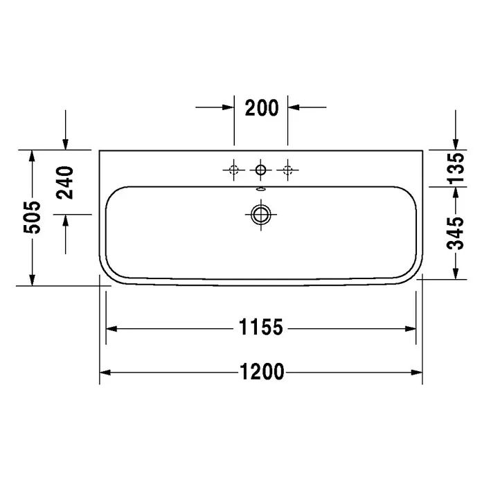 Duravit Happy D.2 Waschtisch Typ 2 - 120 x 50,5 cm, Ohne Spezialglasur, Mit Hahnloch, Mit Überlauf, Weiß - Technische Zeichnung eines rechteckigen Waschbeckens mit den Maßen 1200x505 mm, ideal für moderne Badezimmerdesigns.