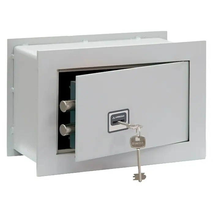 Arregui Caja fuerte empotrable Ideal 5 - L x An x Al: 30 x 20 x 20 cm, Llave - Caja fuerte de pared gris con llave y puerta ligeramente abierta, que muestra los pernos de bloqueo. Seguridad y protección.