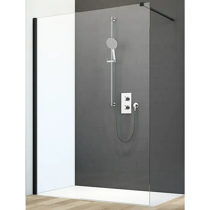 Camargue Vario Duschwand B14P - B x H: 140 x 191,5 cm, Beschichtet, Schwarz - Eine moderne Duschkabine mit klaren Glaswänden, grauen Wänden und einer eleganten Armatur.