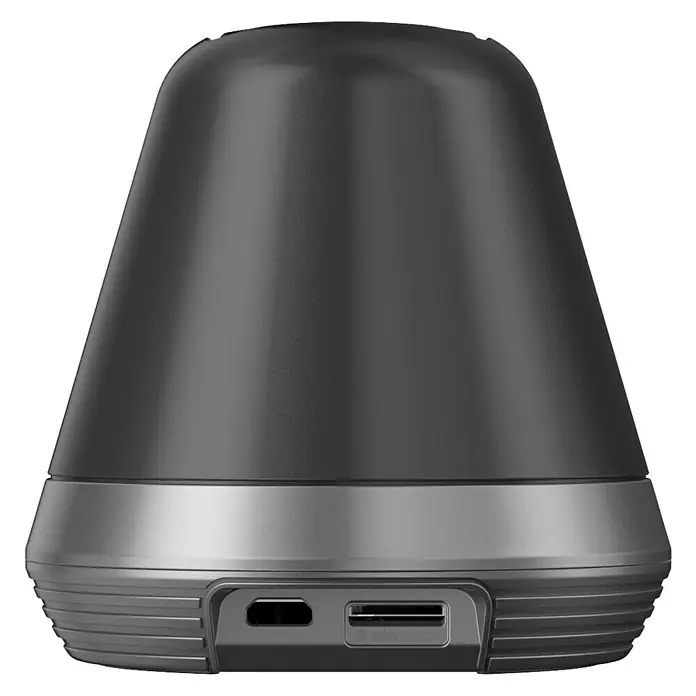 Wisenet Cámara de vigilancia WiFi Full HD -  - Primer plano de un dispositivo gris redondo con puertos en la parte frontal, ideal para audio o tecnología.