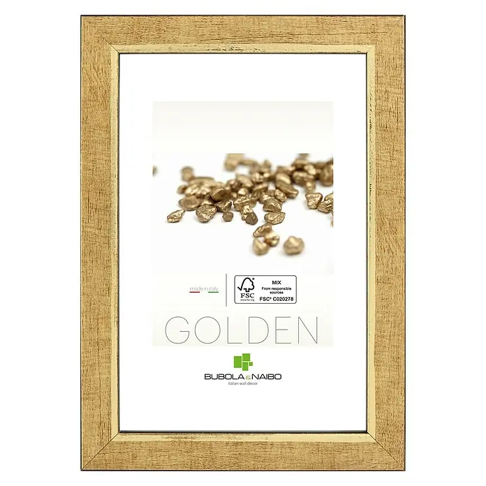 Marco de fotos Classic - 15 x 20 cm, Oro, Madera - Un marco de fotos dorado con la inscripción "Golden" y un montón de pepitas doradas en el interior.