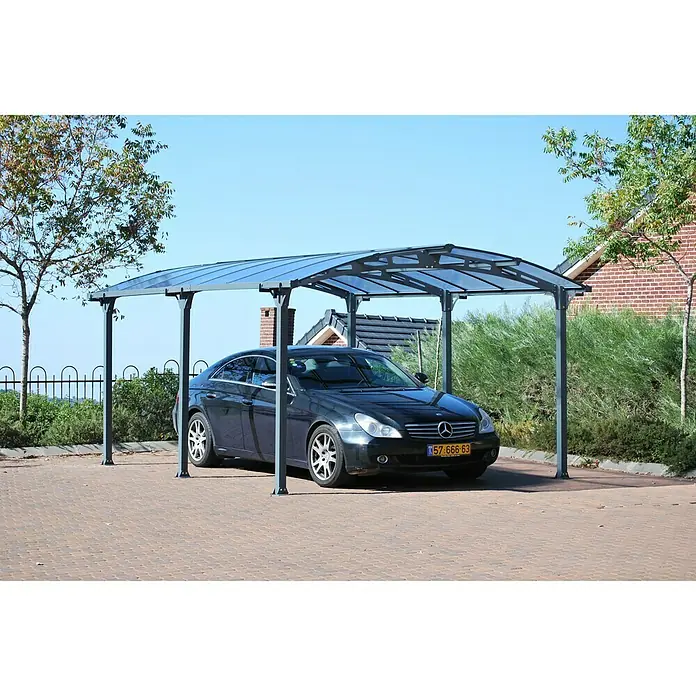 Palram – Canopia Carport Arcadia 5000 - Außenmaß inkl. Dachüberstand (B x T): 3,59 x 3,59 m, Doppelcarport, Grau - Schwarzes Auto unter einem stilvollen Carport mit Polycarbonatdach, das vor Witterungseinflüssen schützt.