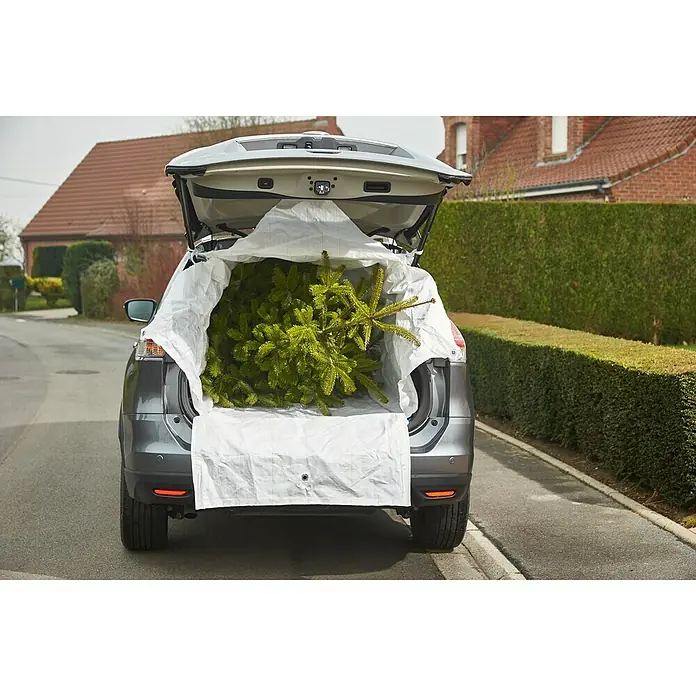 Mottez Transporttasche - L x B x H: 140 x 100 x 80 cm, Schutz gegen: Beschädigungen - Der Kofferraum eines Autos ist mit einer Plane ausgelegt und ein Weihnachtsbaum liegt darin. Ideal für den Transport!
