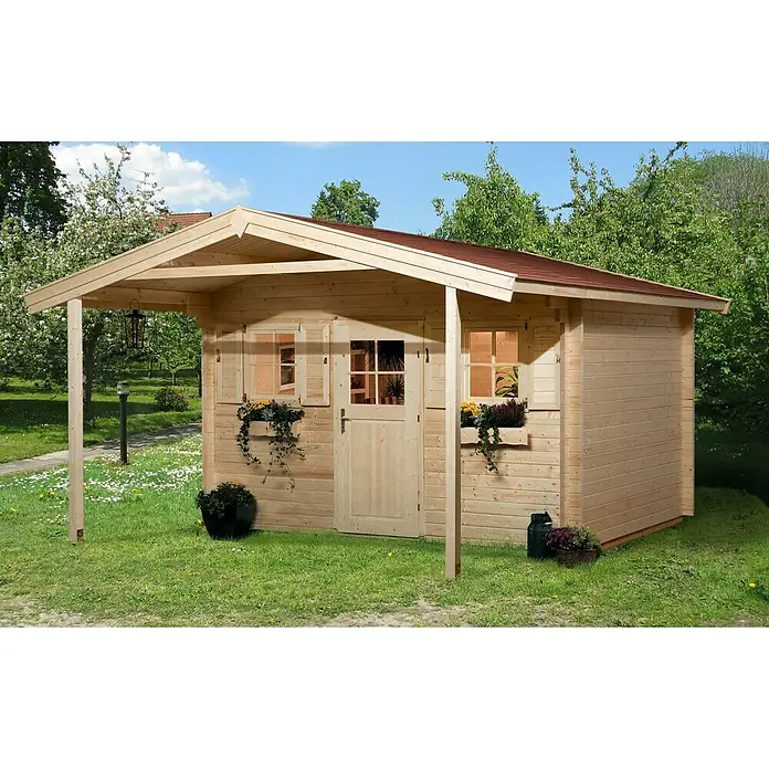 Weka Gartenhaus Weekendhaus 138 A - Außenmaß inkl. Dachüberstand (B x T): 450 x 590 cm, Holz, Natur, 22,04 m² - Holzgartenhaus mit überdachter Veranda und Fenstern mit Blumenkästen. Ideal für Garten und Freizeit.